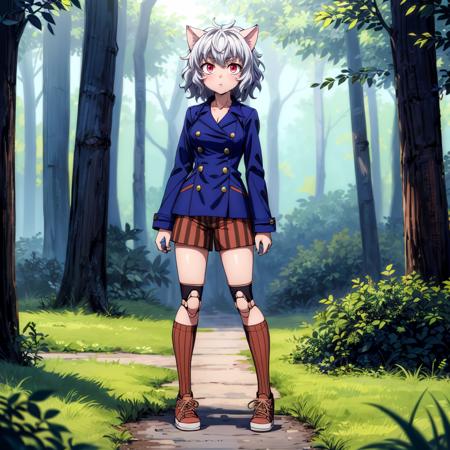 <lora:Neferpitou001:0.4>,<lora:add_detail:1>,<lora:noline:0.3>,
Neferpitou,1girl,red eyes,cat ears,
blue jacket,double-breasted,
(brown shorts:1.2),striped,
brown socks,blue footwear,
full body,standing,
doll joints,nature,solo,