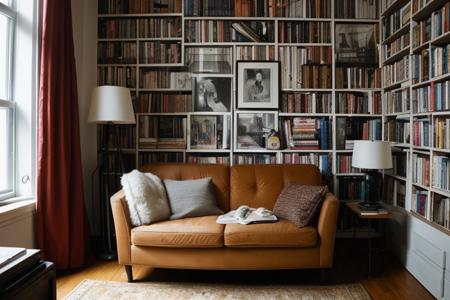raw photo of a charming, whimsical scene set in a cozy, intellectual New York City apartment. The room is cluttered yet inviting, with bookshelves brimming with classic literature and philosophy texts, jazz records beside a vintage turntable, and walls adorned with black-and-white photographs of the city and abstract art posters. In the center, a quirky, intellectual character sits in an overstuffed armchair, engaged in lively discussion with friends about existential themes, love, and cultural phenomena, all with a humorous undertone. The apartment is warmly lit by a standing lamp and soft natural light from the windows, overlooking the Manhattan cityscape. The muted sounds of the city blend with a classic jazz tune in the background, capturing the spirit of a New York City narrative with a deep appreciation for culture, the arts, and human interaction