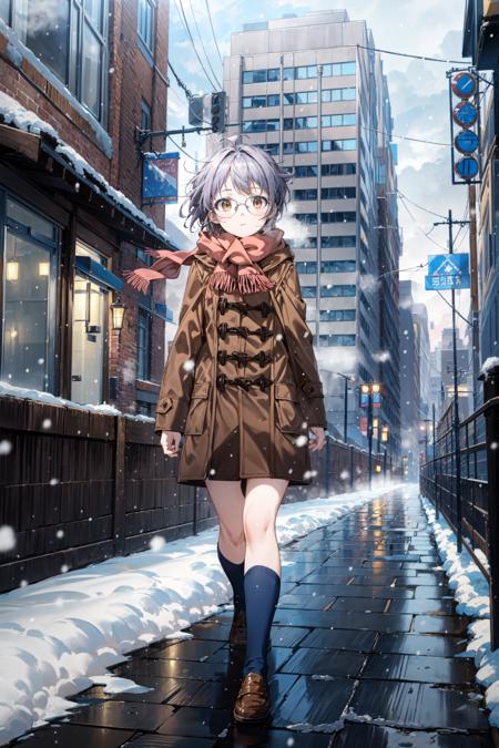 (masterpiece),(best quality), <lora:NagatoYuki:0.8>,brown coat, glasses,   scarf, kneehighs, loafers,  uphill street, pavement, on sidewalk, walking, fog, cloud,  snow, snowing, winter,<lora:Adddetail:0.8>