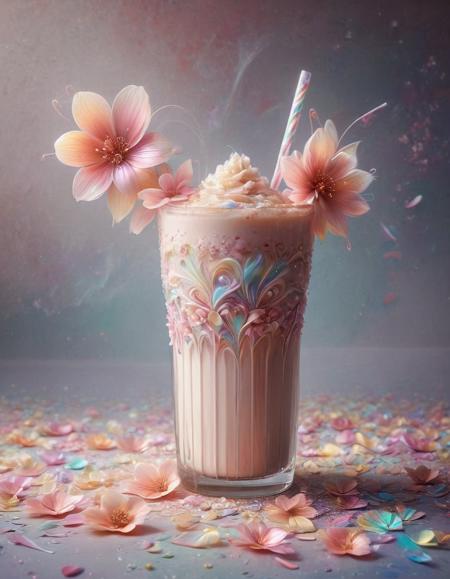 sakura cream milk ice shake frappe, p1nk1r1fl0wers, made out of iridescent flower petals, high quality, masterpiece <lora:PinkieIriFlwrsSDXL:1>
