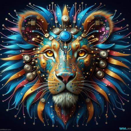 sfw, wm_cyber art style,  ,masterpiece,(best quality),extremely detailed ,   close up of a lion head made of colourful electronic circuits,, wm_cyber<lora:challenge\Cybernetic_Style_-_World_Morph.safetensors:1.0:1.0>