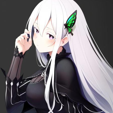 echidna, white hair, long hair, purple eyes, butterfly hair ornament, black dress, black capelet echidna, white hair, long hair, purple eyes, butterfly hair ornament