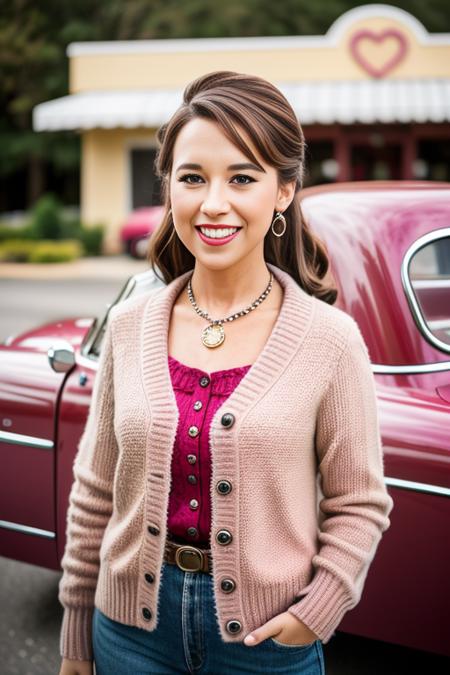 14c3ych4b3rt, brown hair, brown eyes, sfw, heart locket around neck, smile, outside 1950's drive in restaurant, standing in the parking lot, 1950's style cars in the background, pink cardigan, (white collared shirt:0.9), detailed pupils, poodle skirt, <lora:Lacey_Chabert_PMv2_Lora:1>,, ((Glamour Portrait)), high quality photography, 3 point lighting, flash with softbox, 4k, Canon EOS R3, hdr, smooth, sharp focus, high resolution, award winning photo, 80mm, f2.8, bokeh