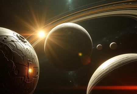 "A Solar system, Heliosphere, Heliopause, 
Artifical metallic planets, galaxy suturation background, Realistic Lighting, cinematic scene, dramatic lens flare, cinematic atmosphere. Hyper-realistic, 3D render, 4K resolution. Cinematic lighting brings out the depth and detail in every engraving, armor texture, and metallic surface, with a subtle film grain overlay that adds realism and texture."
