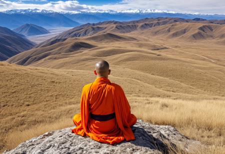 monk seated on a rock outcropping, The monk is dressed in bright orange and red robes, his head turned slightly to the left as he faces the camera, his hands clasped in a prayer-like gesture. He sits cross-legged on the rocky surface that occupies the foreground of the image. The middle of the field presents a terrain of dry grass and scattered shrubs, leading towards a deep valley. In the background, a superb panorama of mountain ranges is revealed, further away, mountains creating an impression of depth and immensity. The highest peaks are snow-capped and display a brilliant white color which contrasts strongly with the clear and deep blue with some white clouds