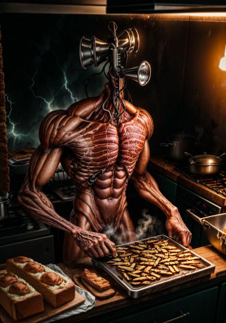 srnhd, giant huge monstrous sirenhead cooking (bread:1.2) in a kitchen, horror, epic detailed kitchen background, sharp teeth, blood splatter, from above, muscular, electric neon (storm), metallic skin, bread, bread, bread, kitchen, kitchen
<lora:add_detail:1>  <lora:srnhd-000008:1>