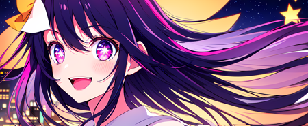 <lora:ai_hoshino_v2.5-very-hard:0.5>, ai hoshino, long hair, blush, bangs, purple eyes, hair ornament, bow, parted lips, black hair, ahoge, hair bow, multiple pink bows,, ((masterpiece, best quality)), full body, starry eyes

BREAK

Yellow streaks

BREAK

(cinematic light:1.1),best quality,masterpiece,

an extremely delicate and beautiful, extremely

detailed, finely detailed, detailed face, detailed

eyes, beautiful detailed eyes, (soft focus:1.2), ((upper body, from front,), an extremely delicate and beautiful), BREAK

High contrast, looking at viewer, floating hair, starry, strry light, night,colorful, cloud, white, blue, red, yellow,green,

blue,purple,orange,,starry, sky,colorful,halftone ,light_particles, (extremely detailed CG unity 8k wallpaper, masterpiece, best quality, ultra-detailed, best shadow), BREAK

1girl solo, outdoors, flashlight, river, clear sky, sunset, cloud, cityscape, lights from citys, buildings,skyscrapers, (smile:1.1), open mouth