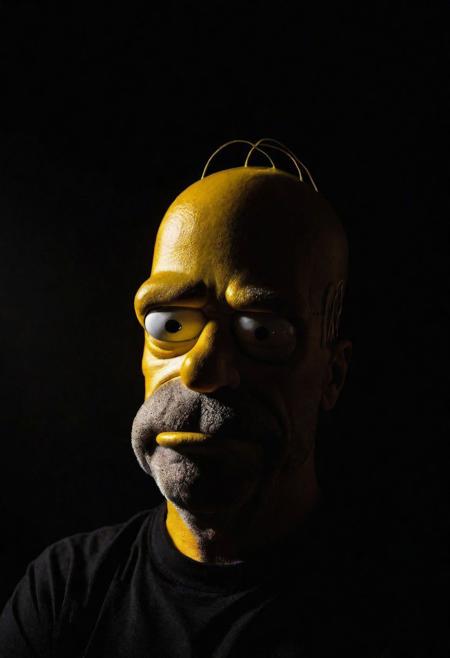 Close-up, (Homer Simpson ), grim smile, relaxed pose, portrait movie shot, serious, menacing, chiaroscuro style photo, dark background, minimalism, dramatic lighting, professional quality, dull highlights and shadows, natural and   original, laser eyes
