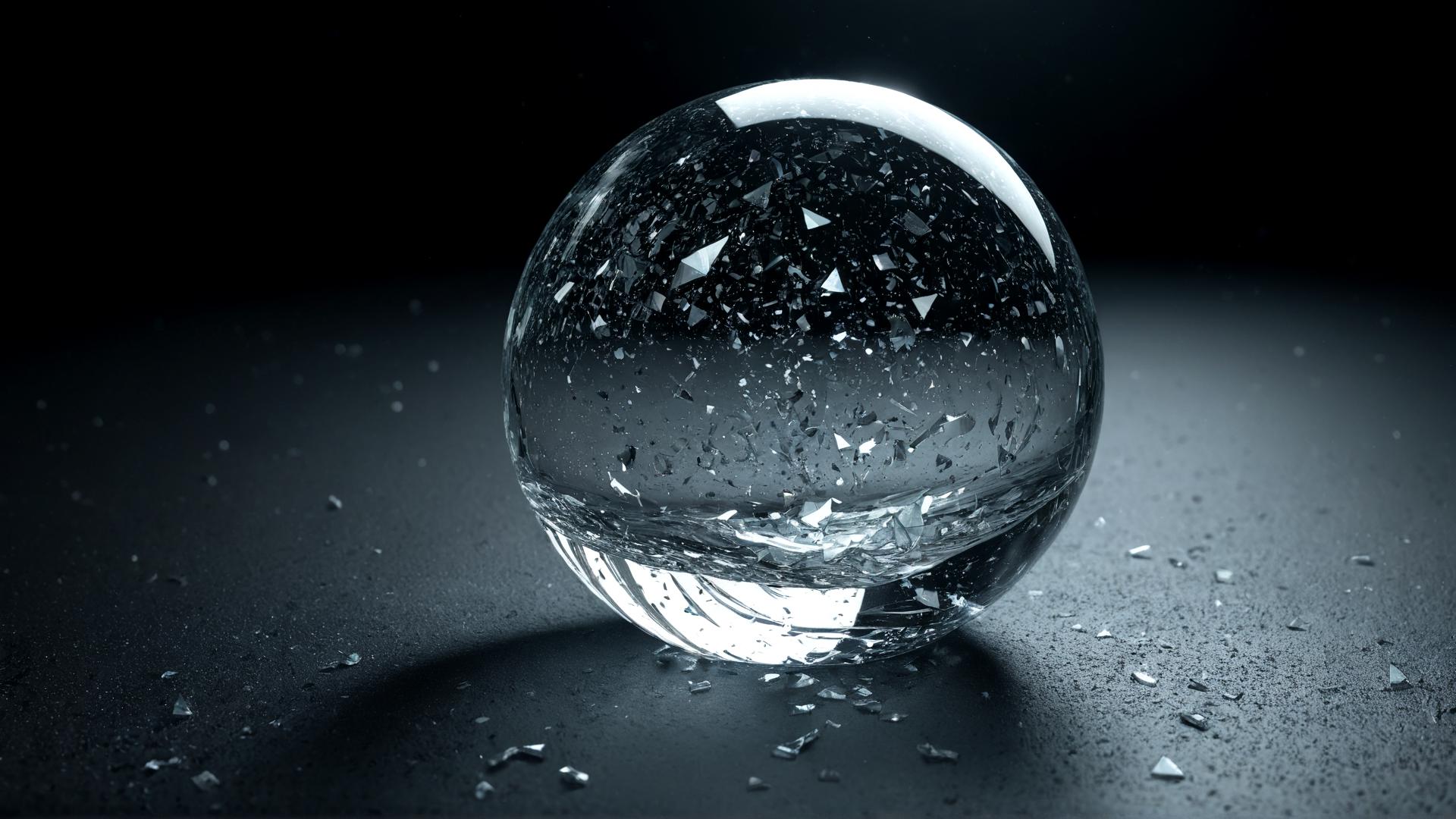 A shattered glass sphere, with shards floating in mid-air. The shards reflect soft light from unseen sources, casting tiny beams of light across the scene. The background is a deep black void, with soft shadows adding depth., Photorealistic, Hyperrealistic, Hyperdetailed, analog style, soft lighting, subsurface scattering, realistic, heavy shadow, masterpiece, best quality, ultra realistic, 8k, golden ratio, Intricate, High Detail, film photography, soft focus