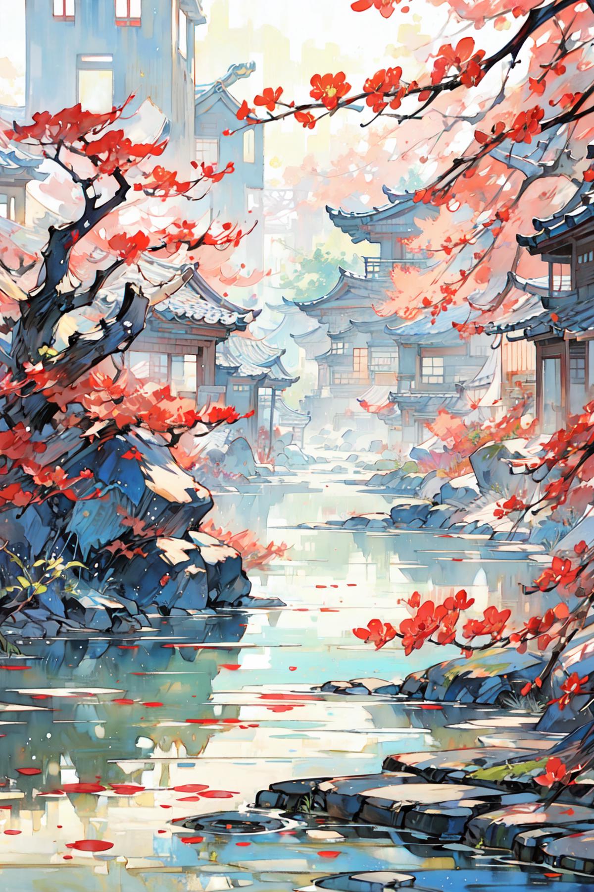 An Artistic Illustration of a Waterway with Asian-Inspired Buildings and Cherry Blossoms