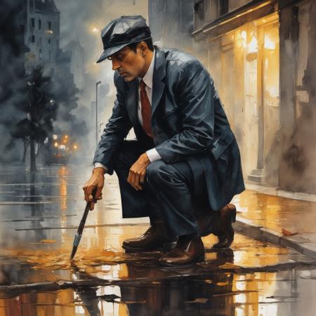 Charcoal and paint, impressionistic bidimensional biracial detective, crouched by a puddle, inspecting a crime scene.  watercolor (leonid afremov:1.2) dadaistic collage (by Bill Sienkiewicz:1.5), dynamic contrasts, spotlight effect, alcohol and gold leaf highlights. Very detailed.