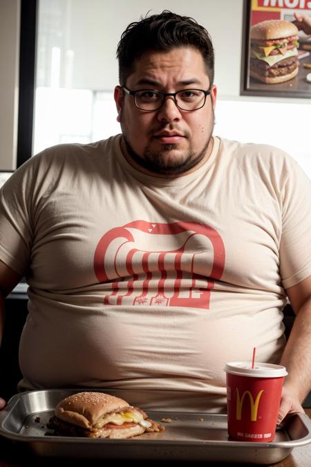 a fat american reddit user man is sitting at a table at mcdonalds and a massive and greasy hamburger on a food tray, sweat stained t-shirt, neckbeard, sweat, ketchup on t-shirt, heavy breathing, glasses, 8k, masterpiece, highly detailed photo, realistic, absurdres, highly detailed skin, photorealistic, highres,