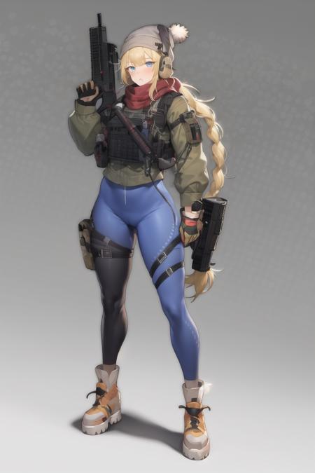 vhsKeeper, 1girl, weapon, gun, solo, chewing gum, blue pants, gloves, assault rifle, bulletproof vest, holding, holding weapon, long hair, pants, holding gun, scarf, rifle, v, spikes, hat<lora:vhskeeper-pynoise:1>