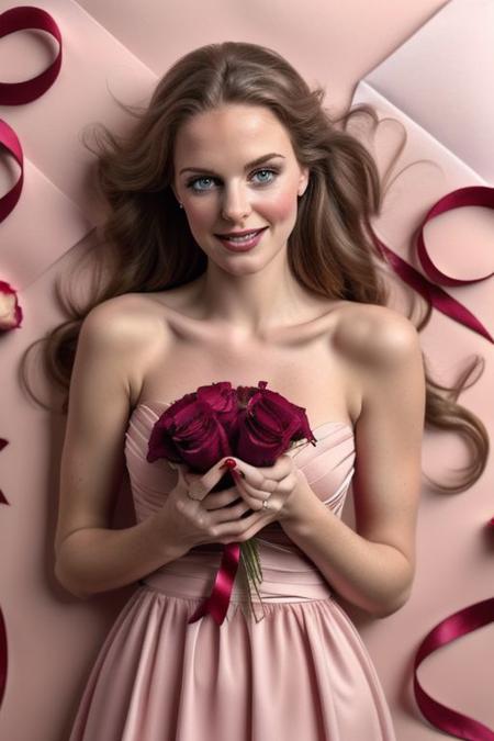 Beauty Photography: Focuses on well-lit,  pink dress flawless skin and often used in beauty in front of her a bouquet of  rose flower  cover the front area advertisements. shooting under dark condition with high iso, film, high key, valentineSG, ((Happy Valentines CARD1.5))