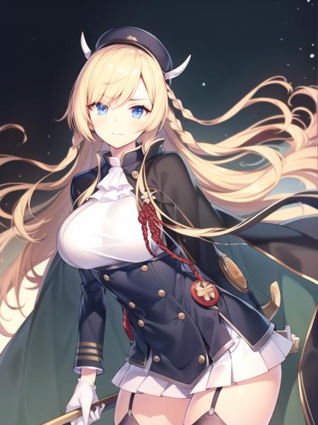 (hyper extreme detailed),(masterpeace),(hyper extreme),(photorealistic),CG,(colour:1.2), beautiful lighting,light from the front,rating:safe,solo, <lora:kongou:0.8>,kongou,blonde hair,long hair,blue eyes,white_gloves,garter_straps,zettai_ryouiki,pleated_skirt,white_skirt,stoking,high_heels,white shrite,long_sleeves,black_cape,short_dress,