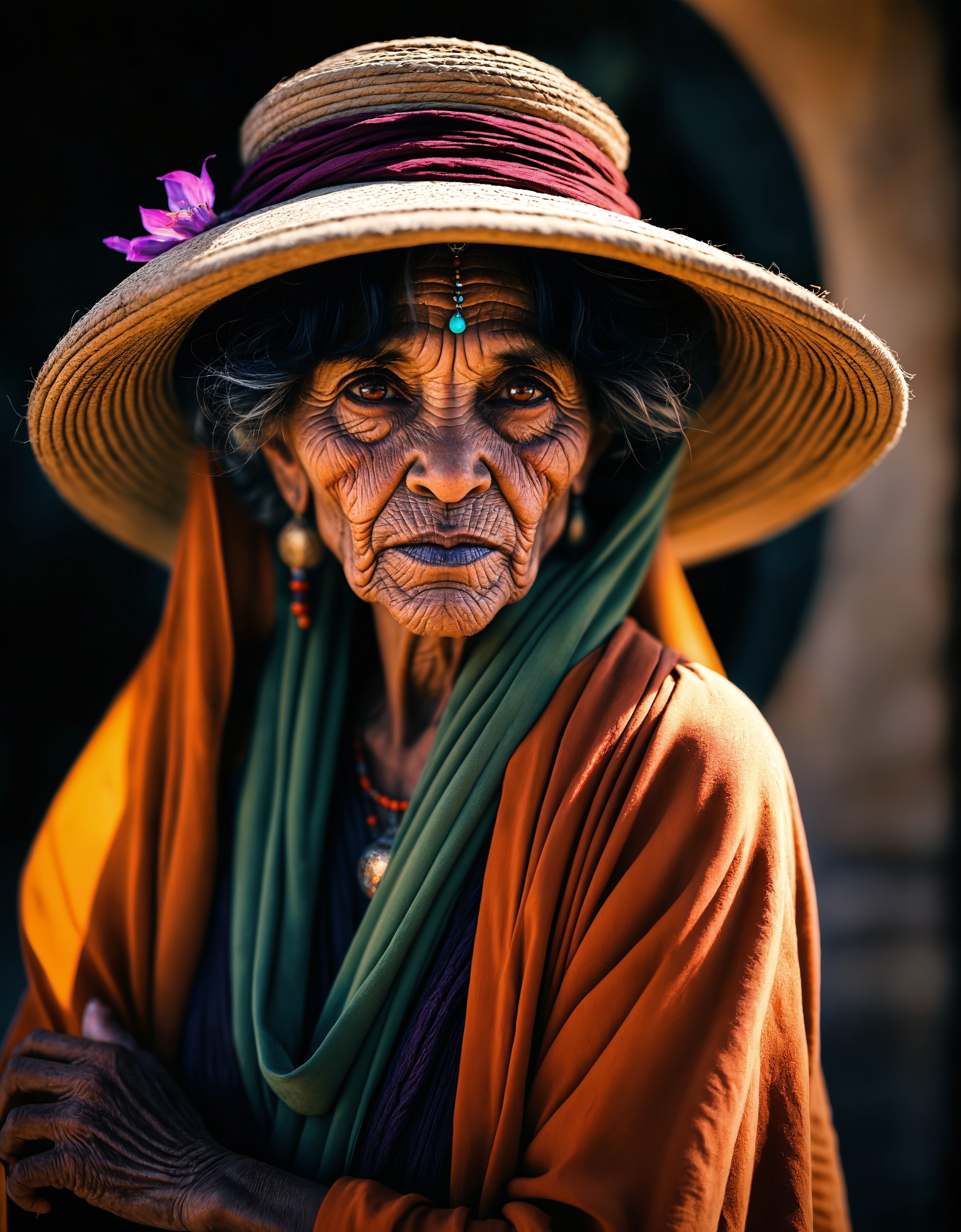 Capture the vibrant dark green-neon essence of a weathered old and worn-out female bedouin sorcerer amidst (swirling magic...