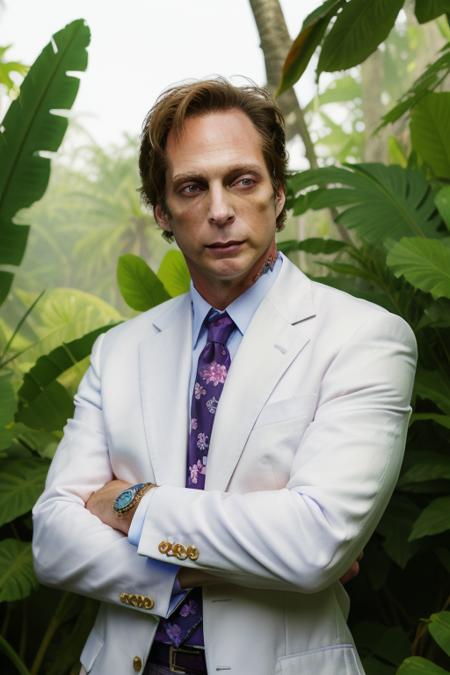 f1ch7n3r, upper body portrait, piercing eyes, in a white floral suit, in a jungle paradise