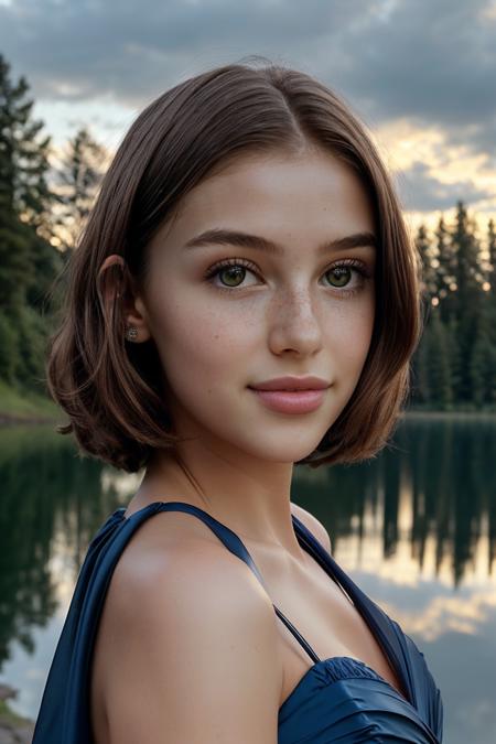 portrait of skswoman, relieved , wearing prom dress , with Lob (long bob) , background lake epic (photo, studio lighting, hard light, sony a7, 50 mm, matte skin, pores, colors, hyperdetailed, hyperrealistic), <lyco:Olivia Casta:1.1>