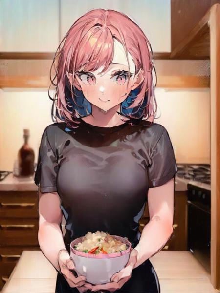 (((((1girl))))), red hair,small breasts, pink eyes, blue apron,black shirt, holding bowl, Hainan Yucha, food, food focus, female focus, upper body,kitchen, 2d,   <lora:Hainan Yucha-000020:1>, masterpiece, best quality,