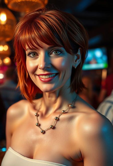 Portrait of a (redhead hair) mature woman, green-brown eyes, medium-short hair, smiling, wearing a necklace, fit, slim, in nightclub, best quality, highly detailed, intricate details, happy