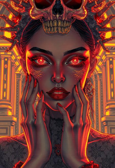 A highly detailed, intricate line-art illustration in the style of Steve McDonald. Detailed hyper realism in the visible body parts (face, hands, legs).
3D rendering, face close-up, CG high model, Elegant [goth ] with neon glowing makeup and a holographic skull headdress, in a [red and gold] cyberpunk aesthetic, dark fantasy, anime-style, illuminated by soft neon lighting
, acrylic painting in style Adam Hughes.
The composition features mesmerizing line work, fine architectural detailing in the background, and a play of light and shadow through intricate hatching. The overall aesthetic is serene, introspective, and dreamlike, blending realism with a highly structured, almost meditative pattern-based design.
