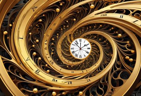 Salvador Dali style of a swirling vortex of clocks, each one representing a different moment in time, creating a beautiful yet chaotic illusion. abstract vector fractal, wave function, Zentangle, 3d shading. high color detailed illustration, masterpiece. deep color
