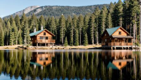 realistic photography of cabin next to lake, pine tree forest, mountain in the background, clear sunny sky,  realistic reflections, natural light, distant view across the lake