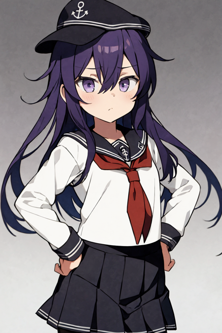 1girl, akatsuki \(kancolle\), purple hair, long hair, hair between eyes, purple eyes