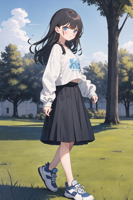 masterpiece, best quality, 1girl, solo, long hair, skirt, outdoors, cloud, black hair, blue eyes, shirt, long sleeves, shoes, sky, tree, black skirt, full body, blue sky, bangs, blush, blue shirt, sneakers, standing, grass, white footwear, cloudy sky, day, print shirt, looking at viewer, walking, from side