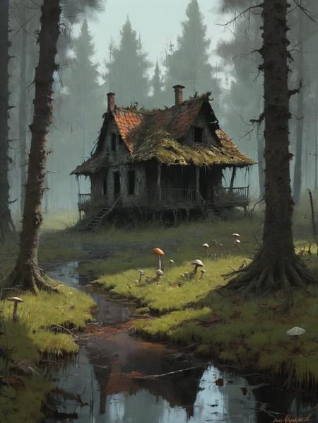 illustration, atmosphere of fear, detailed and sharp, stake paisade, a swamp glade, derelict house in the forest, mushrooms, swamp, art by Jakub Rozalski