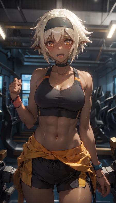 cinematic lighting, <lyco:lighting_loha:0.2>, masterpiece, cowboy shot, blush, cute, eyelashes,
BREAK nisei, 1girl, (dark-skinned female:1.2), dark elf, hairband, sports bra, gym shorts, medium breasts, cleavage, toned midriff, (abs:0.9), shiny skin, finely detailed skin, oily skin, thighs, (sweat:0.8), choker, smile, open mouth, happy, teeth, wristbands,
gym, indoors,