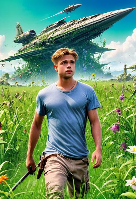 CoverArt, a beautiful gorgeous Young Brad Pitt as an RPG character, 
Break, 
as a background a huge spaceship (long abandoned) sunken into a rich green grassland, covered in plants, flowers, sharp focus, high detailed, realistic, day, colorful, blue sky, RPG Cover Art