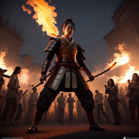 an flaming samurai in a graveyard full of people, center of attention, people taking pictures  with their phones, <lora:centerofattention:1>, center of attention, perfect face, perfect body, perfect anatomy,