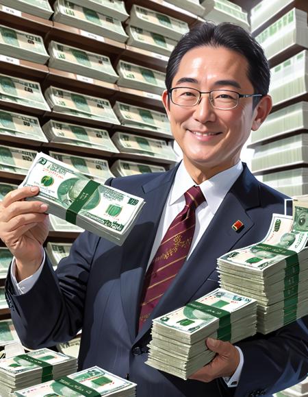 Fumio Kishida, holding many wads of bills, wearing suit, glasses, looking at viewer, smiling, at 60yo, (High quality, highly detailed, intricate details, Highres, 8k, RAW photo:1.25), <lora:Kishida-XL_v1:0.7>