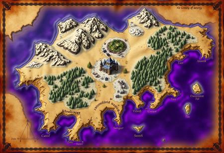 fantasy world map, one continent, snowy north, sandy south, forest, middle castle. in the style of an old map, parchment. purple water, glowing edges, demonic.