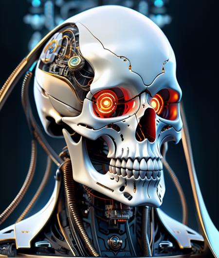 ultra detailed of a porcelan reaper skull android face, cyborg, robotic parts, 150 mm, beautiful studio soft light, rim light, vibrant details, luxurious cyberpunk, lace, hyperrealistic, anatomical, facial muscles, cable electric wires, microchip, elegant, beautiful background, octane render, H. R. Giger style