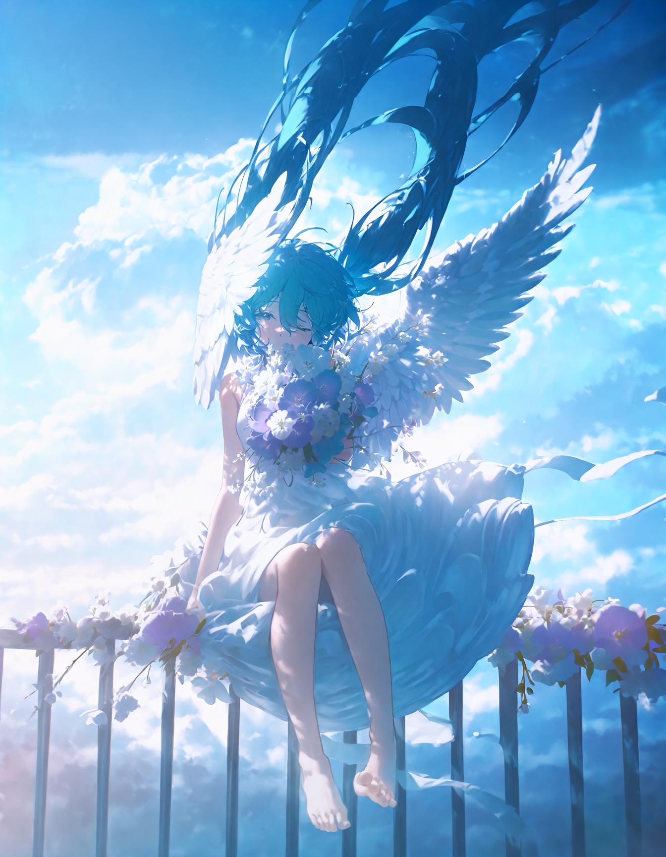 1girl, bouquet, on railing, hatsune miku, solo, dress, holding bouquet, flower, wings, long hair, white dress, railing, one eye closed, sky, cloud, floating hair, very long hair, sitting, angel wings, sleeveless, twintails, blue hair, barefoot, white flower, holding, sleeveless dress, outdoors, white wings, purple flower, blue theme, feathered wings, bare arms, <lora:KonyaKarasue:1>