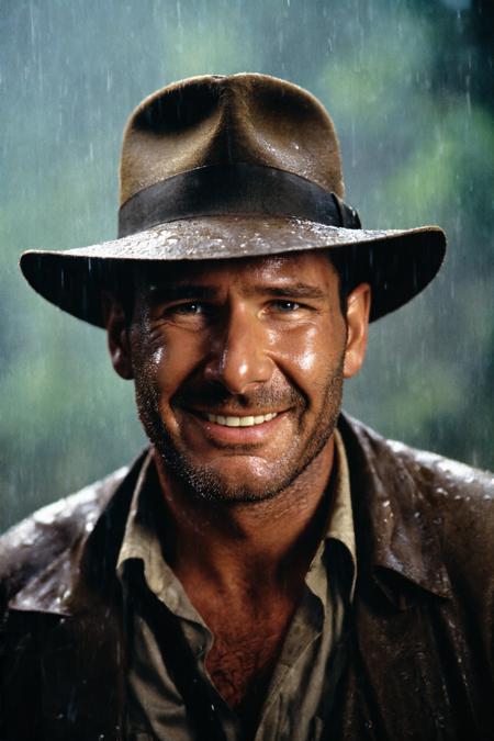 indiana jones smiling at the camera wet in rain