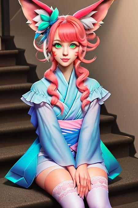 1girl, cute girl, kimono, animal ears, fox ears, fox tails, multiple tails, hairpin, pink hair, cute face, thighhighs, green eyes, sitting on stair