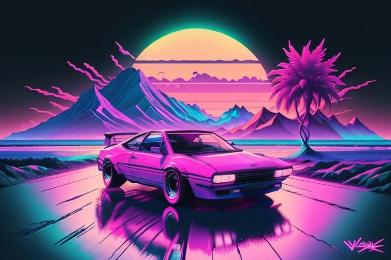 (synthwave:1.2), (neon sun)  scanlines, wireframe, mountains, palm tree, vectorized,(retrowave), (vaporwave), purple blue pink yellow orange blue black, car, car on road, retro 80's inspired car design, sleek, sharp lines, car with neon underglow, neon, dark background,(highres), best quality, high quality, (masterpiece), intricate detail, [[raytracing]] <lora:retrowave_0.12:0.7>, neonskiesai,