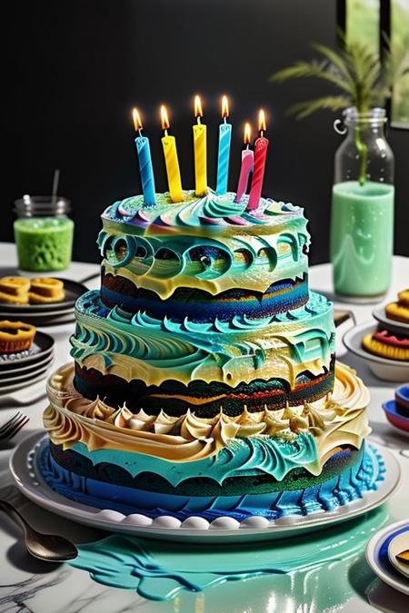 made of slime, sl1m3d, ultra realistic, slime monster, colorful birthday cake