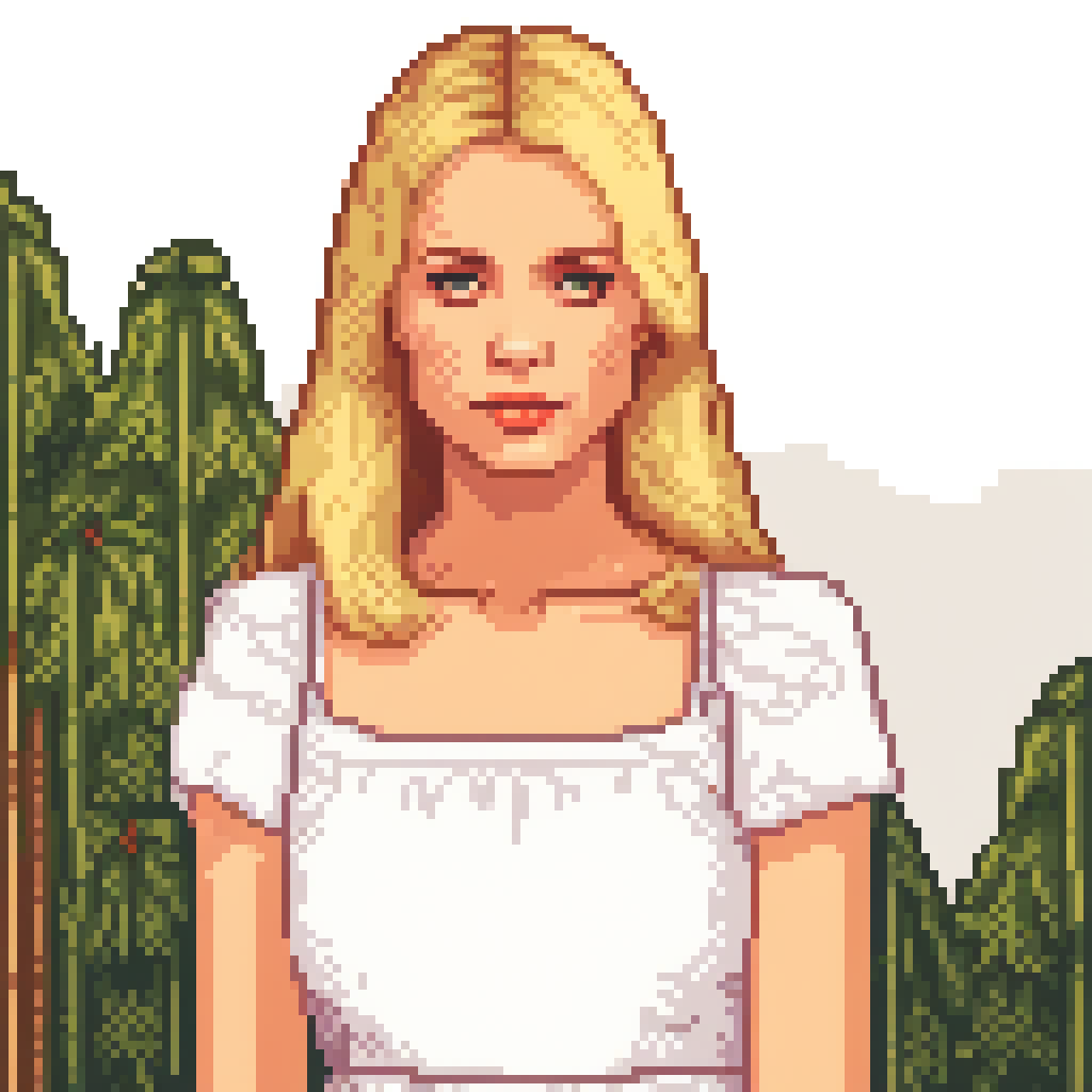 portrait of a woman with blonde hair, wearing a white summer dress, (pixel:0.8), flat