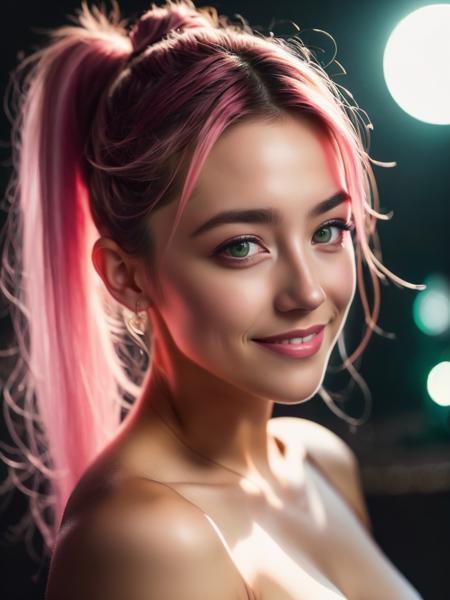 night scene, close up photo of a sexy naked girl, posing, look at a camera and smile, pink ponytail hair, (green eyes:0.8), cute young face, 18 yo, soft volumetric lights, (backlit:1.3), (cinematic:1.3), intricate details, (ArtStation:1.2)