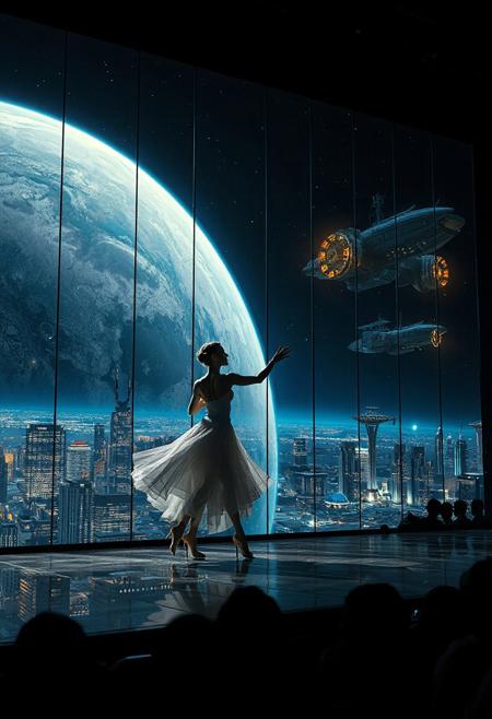 immaculately detailed realistic ultra quality image of a beautiful elegant female dancer and male counterpart are dancing on a futuristic stage micro-LED lighted, the dancer is the focus of the image, every detail of her dress and body are fully visible, the height of the image, behind the dancer on the stage is an enormous seamless and futuristic wall to wall and floor to ceiling window that looks out at a the planet's surface covered with the lights of enormous buildings and cities, An enormous deco starship with futuristic lighting and an enormous space station are visible in the background among the stars, Artistic art deco, dynamic perspective, (((overall architectural aesthetic is Art Deco Cyberpunk))).  Epic image that elicits a feeling of romanticism, wonder, and awe, the silhouette of the audience can be seen in the foreground that show the enormous scale of the stage and seamless window behind it,