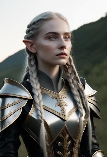1girl 18 yeas, elf, slender, pale skin, goosebumps, very long gold and silver hair, triple braids,  light grey eyes, (small pointed ears:1.3),
Milanese plate armor, black gauntlets, dnd character portrait, intricate, analog photograph, masterpiece, expertly crafted, incredibly detailed, 8k resolution, 
 (By Alice Pasquini, by Aliza Razell:0.8), low angle shot, Cinematic Hollywood Film style a young woman, 18, sensually dynamic pose ,