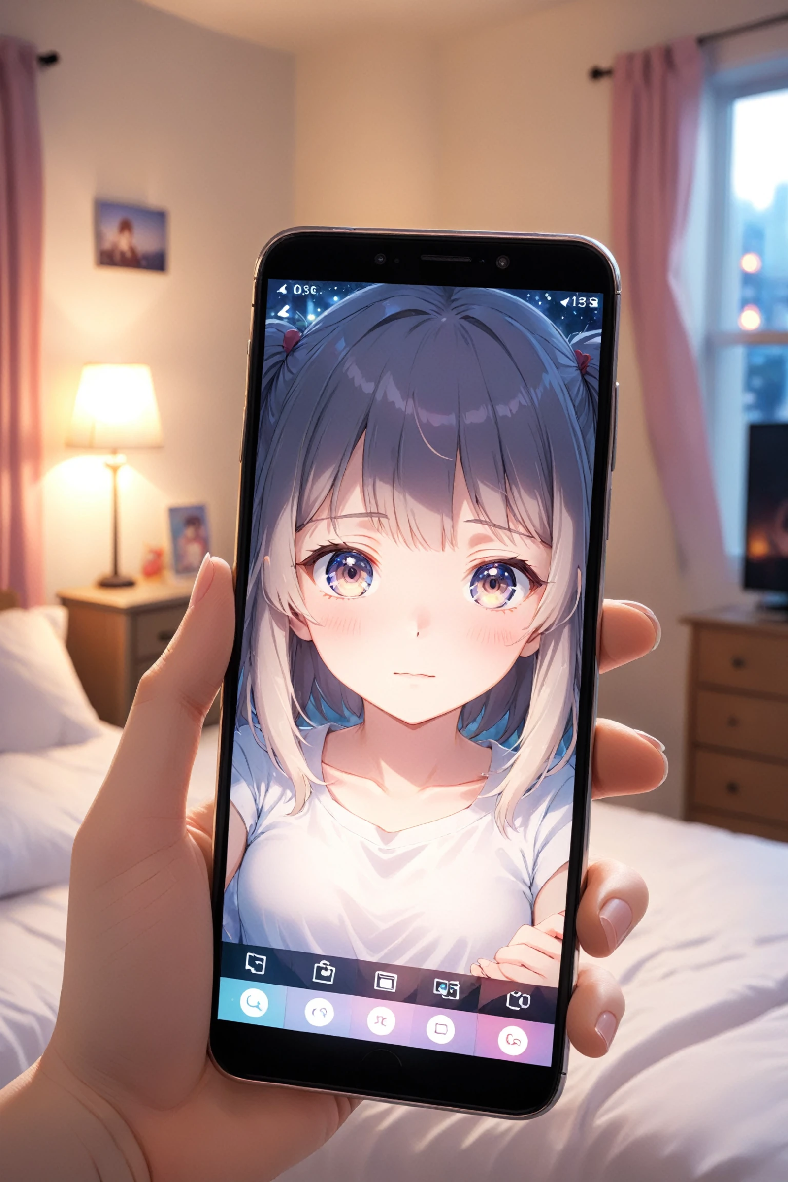 A person holding a cell phone with an anime character displayed on the screen.
