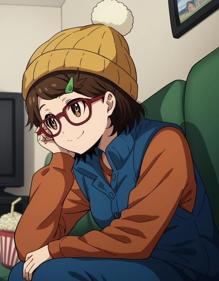 risa aoi, short hair, brown hair, hair ornament, brown eyes, glasses, hairclip, red-framed eyewear, medium breasts, shirt, hat, jacket, pants, vest, beanie, jacket, pants, track jacket, track suit, haori,