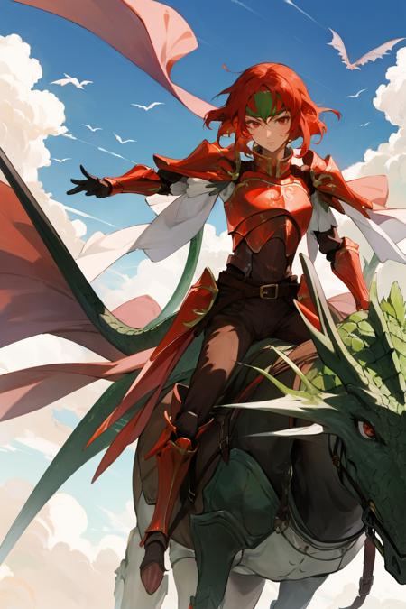 masterpiece, best quality, minerva, red armor, green headband, cape, red gloves, belt, brown pants, armored boots, riding a green dragon, flying, sky, clouds <lora:minerva-nvwls-v1-000010:0.9>