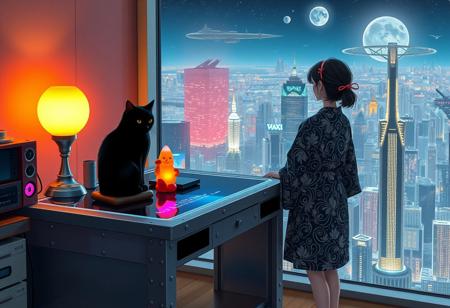 Jiji, the cat from Kiki's Delivery Service sits on a cluttered metal riveted desk with transparent top and rgb led computer components visible inside, On the desk are a maneki neko statue and a lava lamp, Jiji the Black Cat is looking out of a seamless and futuristic floor to ceiling window that looks out at a very high view from an apartment on the 400th floor of a futuristic Tokyo skyscraper, the year is 2250, The city has thousands of enormous wide and tall futuristic skyscrapers and space ships covered with lights in the sky, (((Kiki from Kiki's Delivery Service, 24 years old, is standing behind the desk looking out at the enormous city at night next to Jiji, filled with buildings of many shapes and sizes, some over a mile tall))), Kiki is dressed in an ornate Japanese style bath robe. An enormous deco starship with futuristic lighting and design is visible high above the city, and a space station is visible in the background among the stars, The woman's hair is messy from just waking up and tied up with a ribbon. Artistic cyberpunk, dynamic perspective, The focus is on Jiji and Kiki standing together looking out the window at the view together, (((overall architectural aesthetic is Art Deco Cyberpunk))).  Mt Fuji can be seen in the far distance,