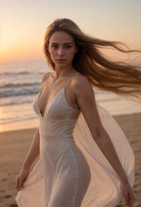 A breathtakingly beautiful young woman standing on a pristine sandy beach at sunset, gentle waves rolling onto the shore, golden sunlight casting a warm glow on her flawless skin, long flowing hair swaying in the ocean breeze, her deep captivating eyes reflecting the hues of the setting sun, a serene and dreamy expression on her face, soft and warm atmosphere, cinematic composition, highly detailed and realistic skin textures, artistic bokeh in the background, high-end fashion photography aesthetics, photorealistic ultra-HD rendering, soft depth of field, masterpiece, HDR, 8K resolution, (stunning beautiful young woman), (pristine sandy beach at sunset), (gentle ocean waves), (long flowing hair swaying in the wind), (elegant white summer dress), (dreamy serene expression), (golden sunlight casting soft warm glow), (realistic detailed skin texture), (cinematic soft bokeh background), (high-end fashion photography), (artistic, cinematic composition), (soft focus, depth of field), (ultra-HD, 8K resolution, HDR), (masterpiece, photorealistic, highly detailed)